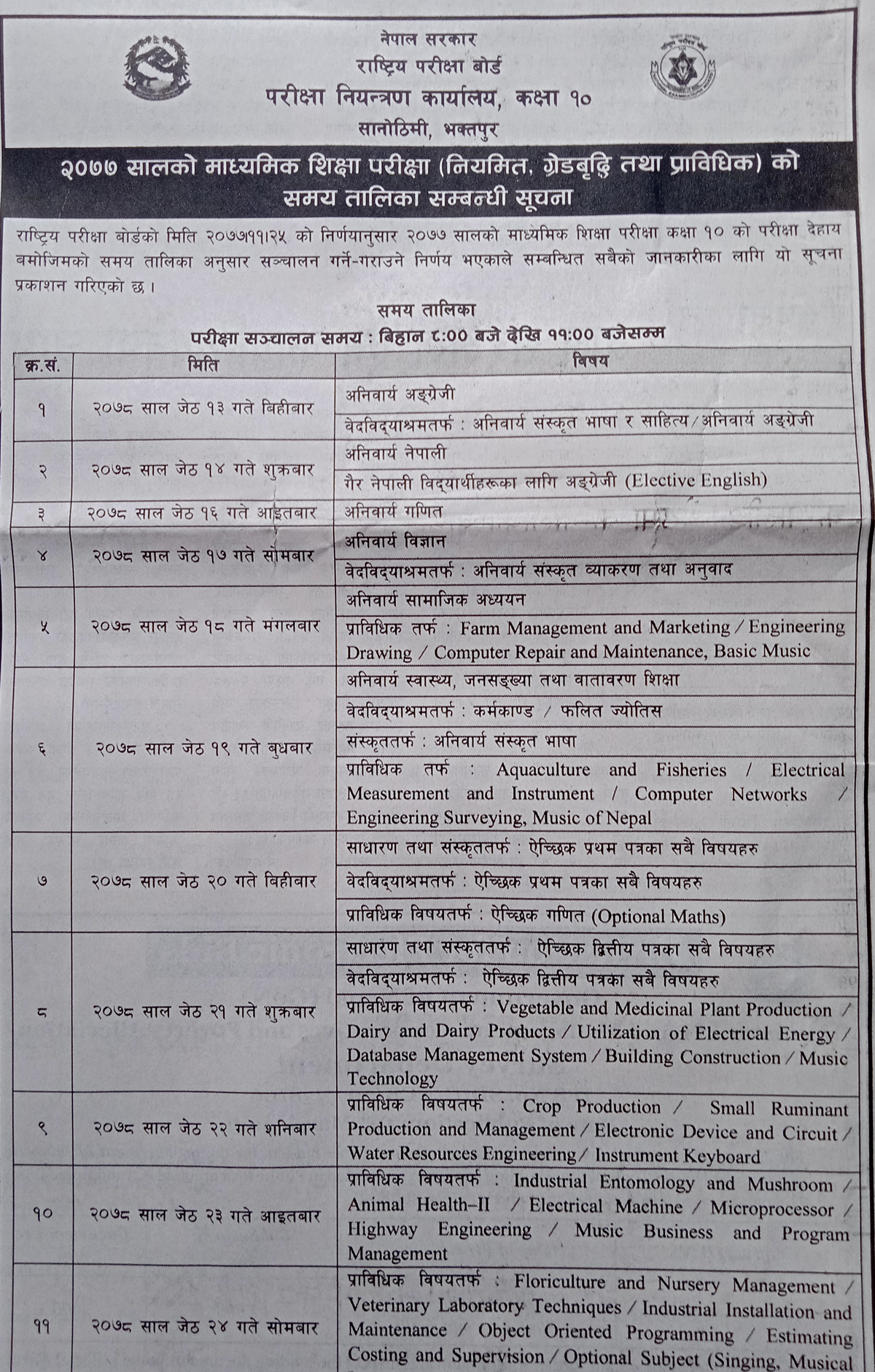 एसईई र कक्षा १२ को परीक्षा तालिका सार्वजनिक